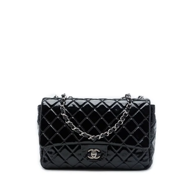Black Chanel Jumbo Classic Patent Single Flap Shoulder Bag in Black Patent leather from Designer Revival