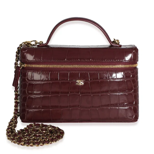 Chanel Dark Burgundy Crocodile Embossed Calfskin Slim Vanity With Chain in Burgundy Calfskin from myGemma