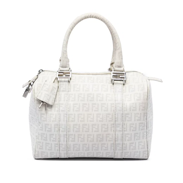 White Fendi Zucchino Coated Canvas Boston Bag in White Coated canvas from Designer Revival