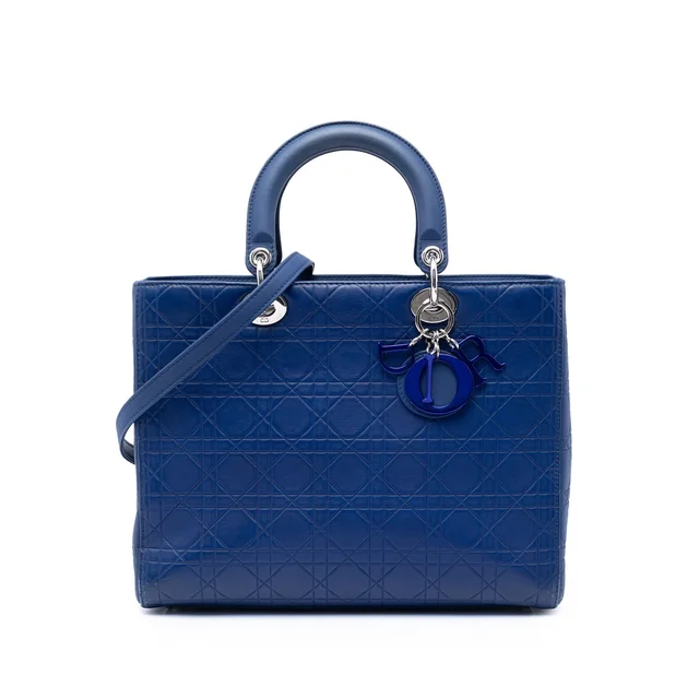 Blue Dior Large Ultra Matte Calfskin Cannage Embossed Lady Dior Satchel in Blue Calfskin from Designer Revival
