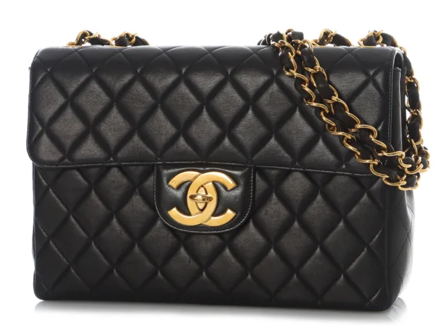 Chanel Vintage Jumbo Black Quilted Lambskin Classic Single Flap in Black Lambskin from Ann's Fabulous Finds, photo 3 of 10