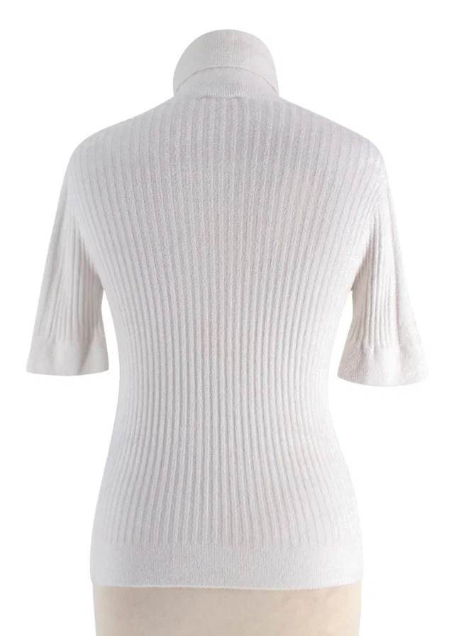 Chanel Faux Pearly and Crystal CC Short Sleeved Ribbed Knit Top in Denim from HEWI