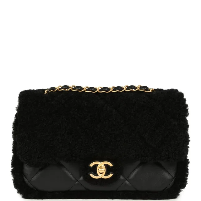 Chanel Medium Shearling Flap Bag Black Lambskin Brushed Gold Hardware in Black Lambskin from Madison Avenue Couture