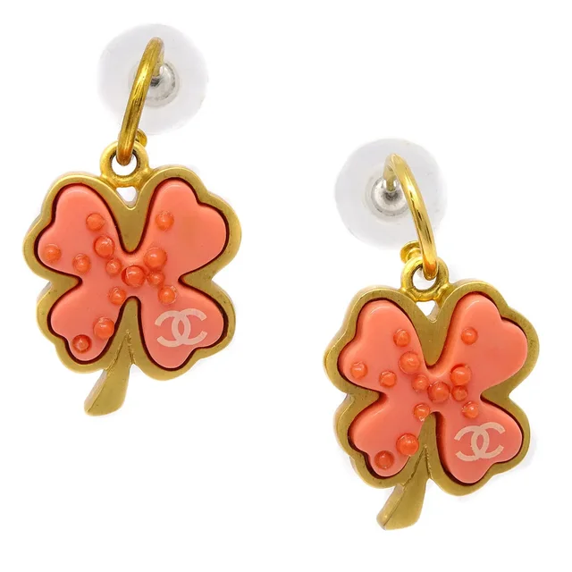 Chanel Clover Dangle Piercing Earrings Gold 03P in Gold Resin from AMORE Vintage Tokyo