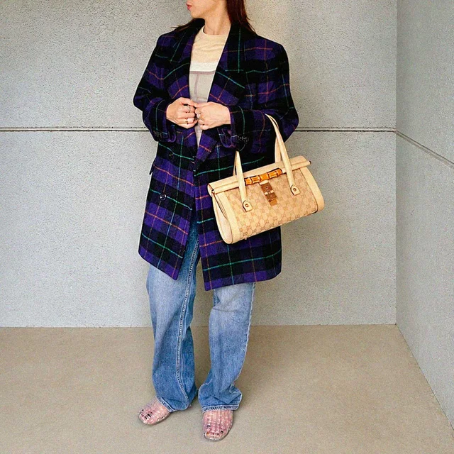Burberry Checked Double-Breasted Jacket Purple/Multi in Purple Wool from VINTAGE QOO TOKYO