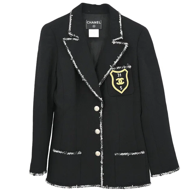 Chanel 2005 Emblem Single Breasted Jacket Black #38 in Black Wool from AMORE Vintage Tokyo