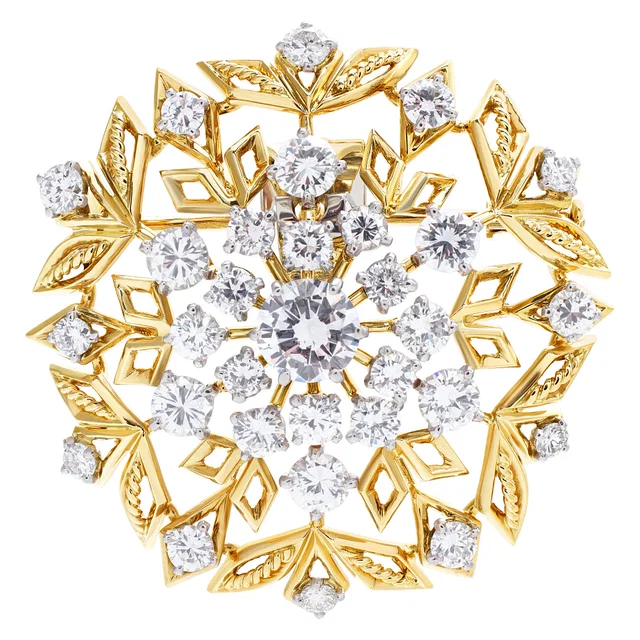 Cartier floral-design pendant/brooch with GIA certified center diamond 0.95 carat (E color, VS2 clarity) in Yellow Gold from Gray And Sons