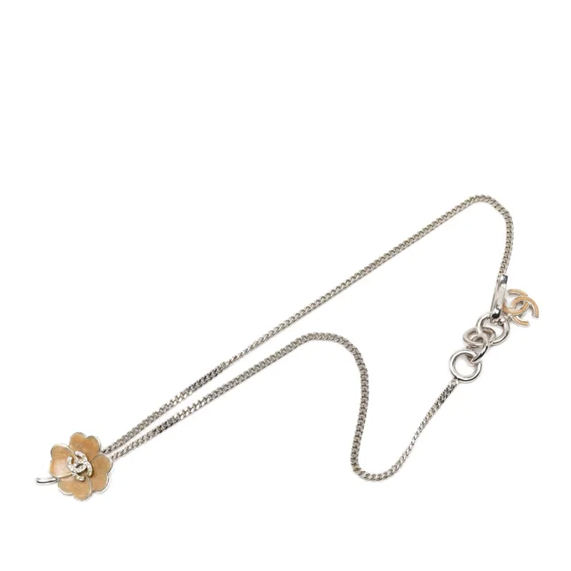 Silver Chanel CC Brass Enamel and Strass Clover Pendant Necklace in Silver from Designer Revival