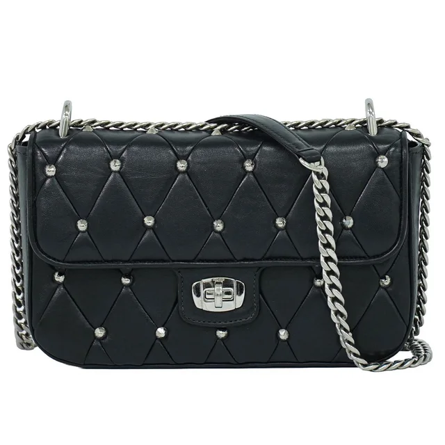 Miu Miu Studs Chain Shoulder Bag Pochette Nappa Volkie Leather Black in Black Nappa leather from The Reluxe