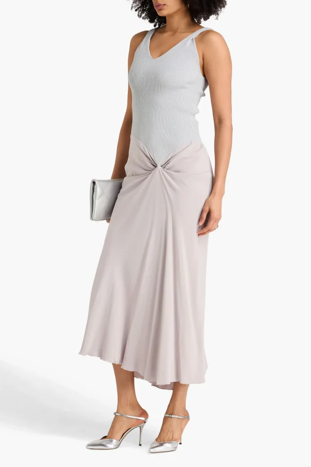 Victoria Beckham Draped Ribbed-Knit and Crepe Maxi Dress in Stone, photo 2 of 4 from THE OUTNET