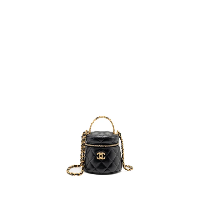 Chanel enamel top handle mini round vanity in Black Lambskin from EMIER