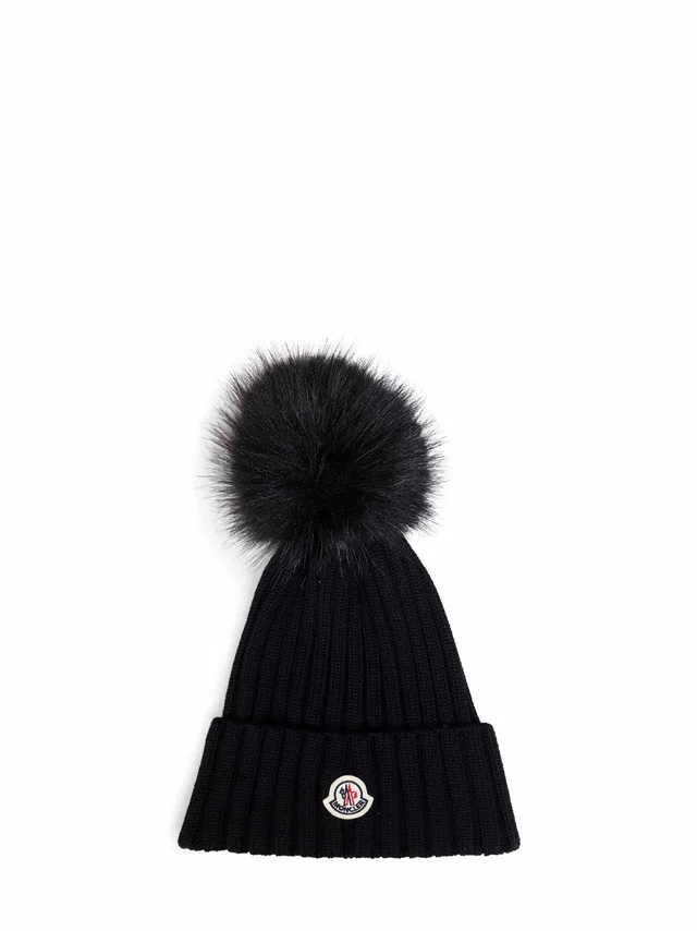 Moncler L20933b00039m1131999 Wool Pom- Beanie — Black Virgin Beanies in Black Wool from HEWI