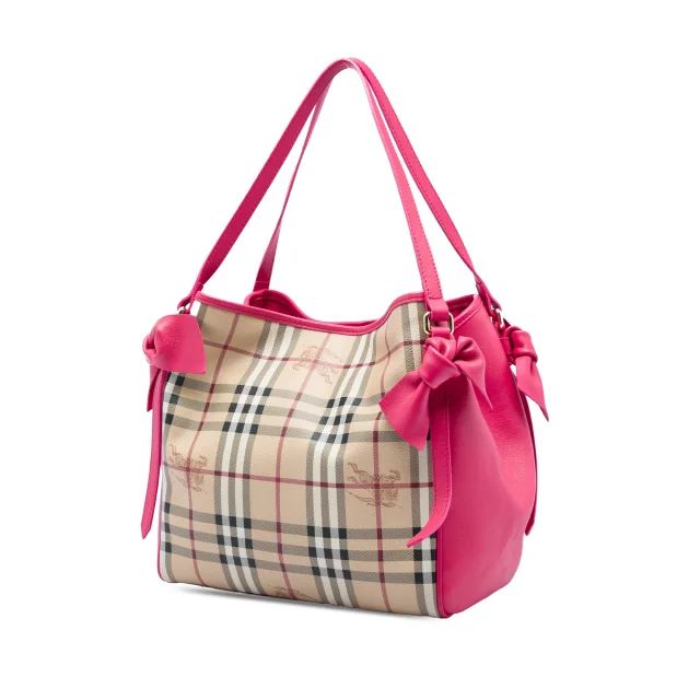 Beige Burberry Small Haymarket Check Coated Canvas and Calfskin Canterbury Bow Tote in Beige Calfskin from Designer Revival, photo 2 of 5