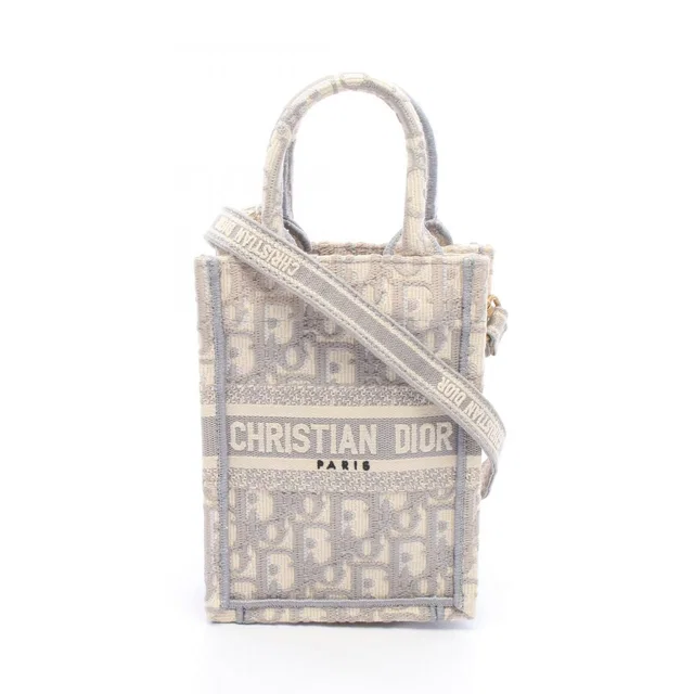 Dior Handbag Book Tote Vertical Mini Phone 2-Way Gray Ivory Canvas Oblique in White Canvas from The Reluxe