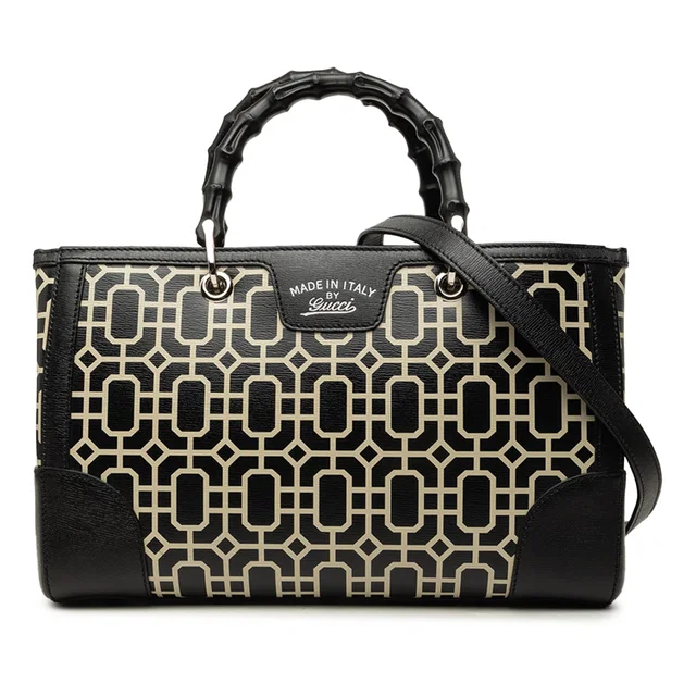 Black Gucci Medium Printed Calfskin Bamboo Satchel in Black Calfskin from Designer Revival