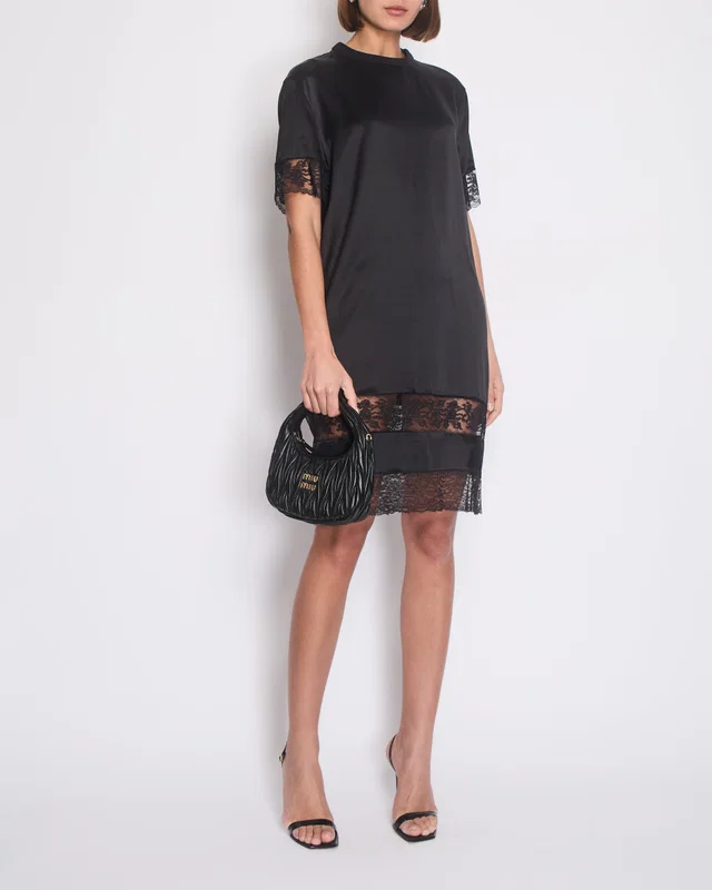 Givenchy Black Short Sleeve Silk Midi Dress with Lace Trim Detail Size FR 38 (UK 10) in Black Silk from Sellier
