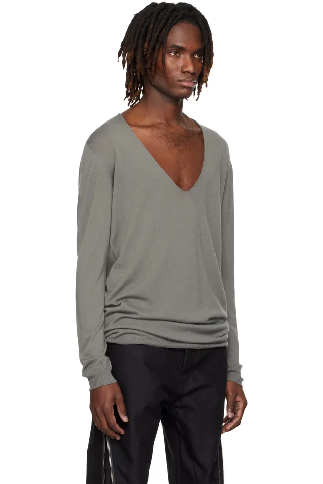 Rick Owens Gray Temple Oversize Extreme V Neck Sweater, photo 2 of 3 from SSENSE