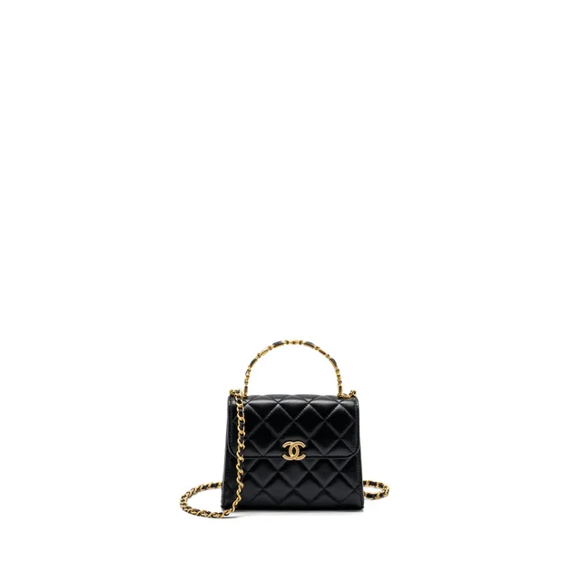 Chanel 22B Enamel Top handle Mini Flap Bag Lambskin Black GHW (Microchip) in Black Lambskin from EMIER