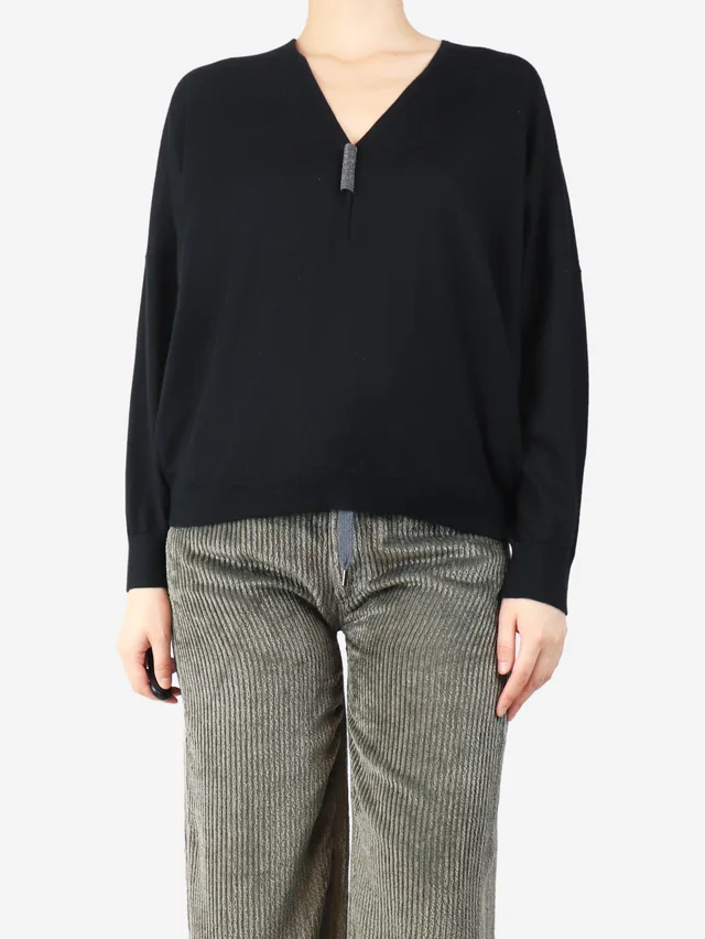 Brunello Cucinelli Navy monili v-neck sweater - size UK 10 in Navy Silk from Sign of the Times