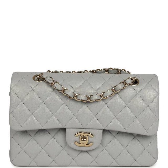 Chanel Small Classic Double Flap Bag Light Grey Caviar Light Gold Hardware in Grey Caviar leather from Madison Avenue Couture