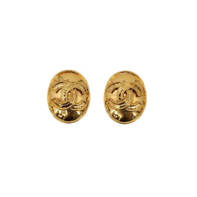 Chanel Vintage Earrings Oval Cocomark Gold Accessory 94P in Gold from Luxury Promise
