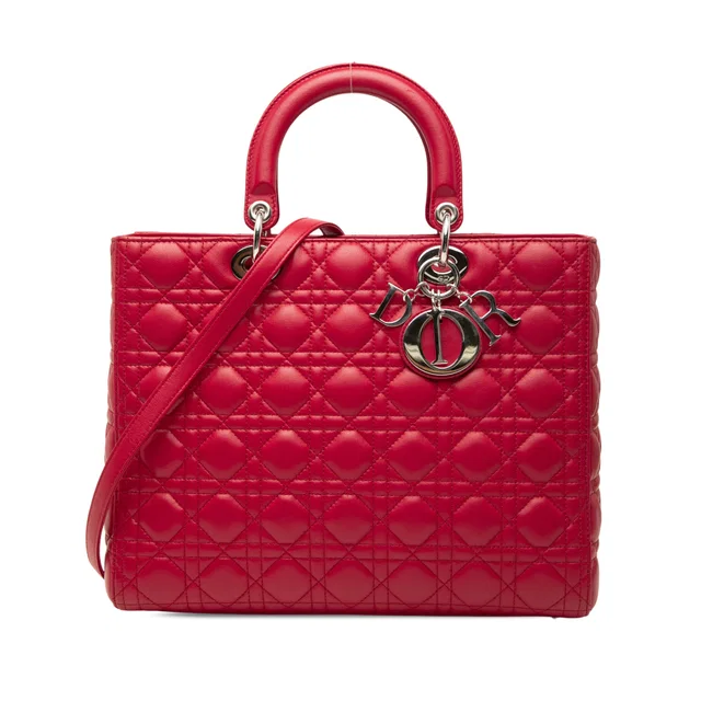 Red Dior Large Lambskin Cannage Lady Dior Satchel in Red Lambskin from Designer Revival