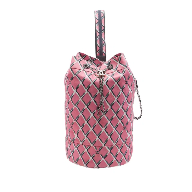 Pink Chanel Printed Canvas Coco Beach Drawstring Sling Bag in Pink Canvas from Designer Revival