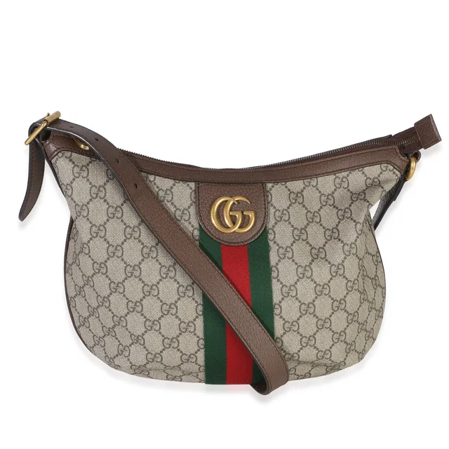 Gucci Brown Beige GG Supreme Canvas Dollar Calfskin Web Small Ophidia Half Moon in Brown Calfskin from myGemma
