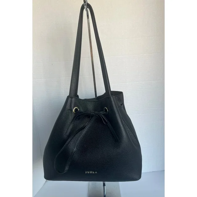 Furla Costanza Black Pebble Leather Medium Drawstring Bucket Tote Shoulder Bag in gray|black|silver Leather from Poshmark