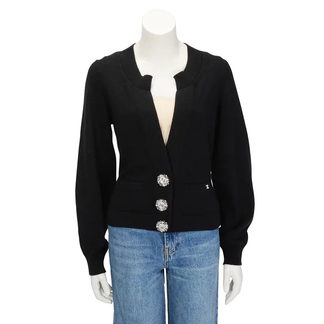 Chanel Crystal Button Cardigan FR 40 in Black Cashmere from Blue Spinach