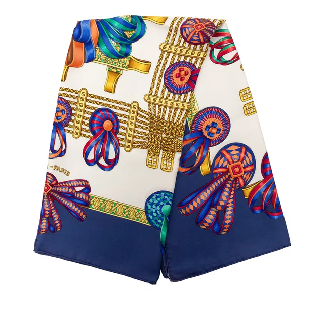 Blue Hermès Les Rubans du Cheval Silk Scarf 90 Scarves in Blue Silk from Designer Revival