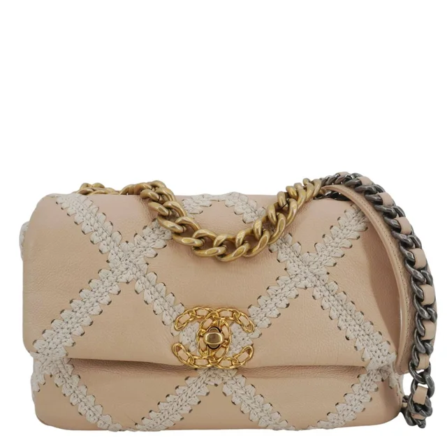 CHANEL 19 Flap Medium Calfskin Crochet Shoulder Bag Beige in Beige Calfskin from Dallas Designer Handbags