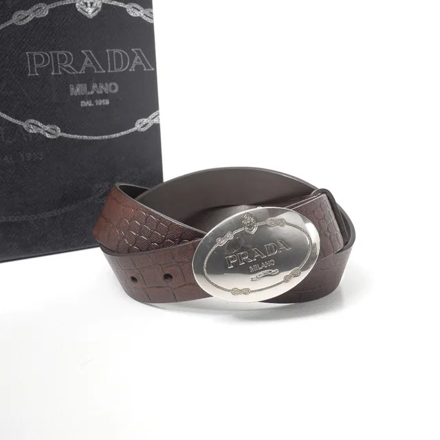 Prada Belt 90/36 Croco Embossed Leather Logo Buckle in Leather from The Reluxe