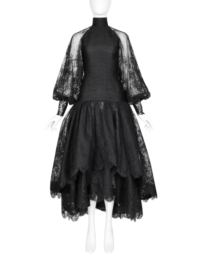 Valentino Garavani Vintage Alta Moda Couture AW 1987 Phenomenal Black Silk and Lace Gown in Black Silk from Amarcord Vintage Fashion