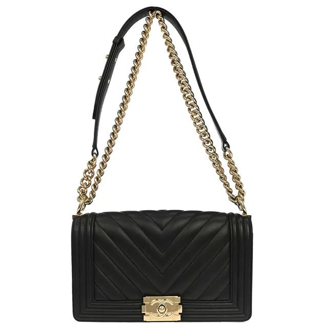 Boy Chanel 2019 Black Lambskin Chevron Medium Double Chain Shoulder Bag in Black Lambskin from AMORE Vintage Tokyo