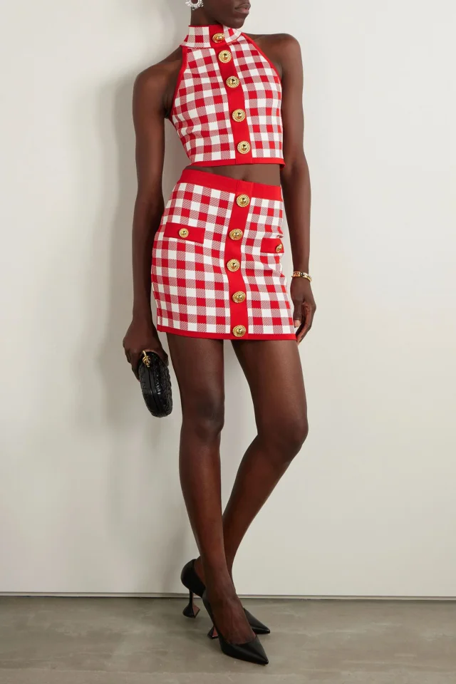 Balmain Button-Embellished Gingham Jacquard-Knit Mini Skirt in Red, photo 2 of 4 from THE OUTNET