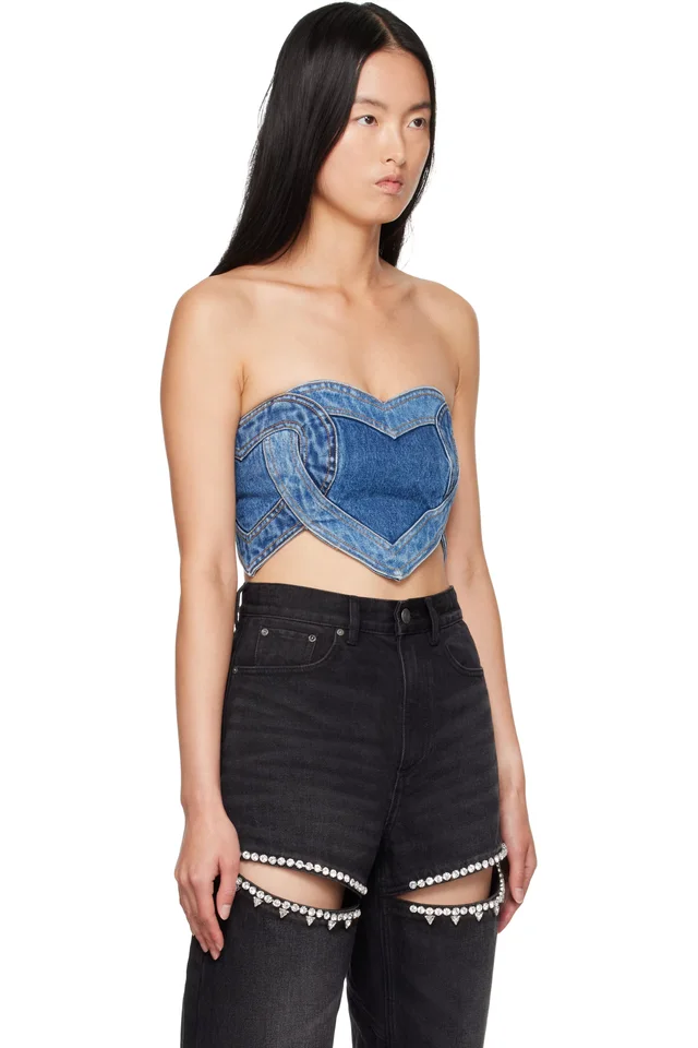AREA Blue Patchwork Heart Bandeau Denim Top, photo 2 of 4 from SSENSE