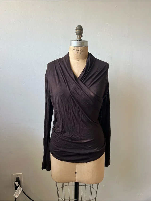 Max Mara Dark Brown Wrap-Front Long Sleeve Top in brown|red from Poshmark