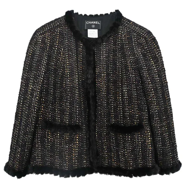 Chanel 2003 Collarless Tweed Jacket Black #48 in Black Tweed from AMORE Vintage Tokyo