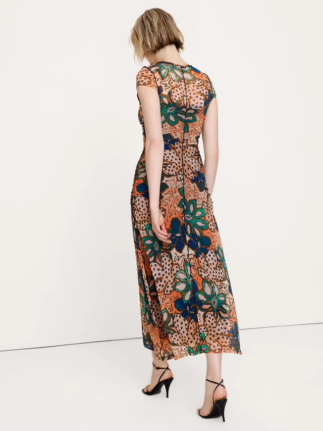 Banana Republic Ruched Mesh Short-Sleeve Midi Dress in Peach Bloom, photo 2 of 6 from Banana Republic (Canada)