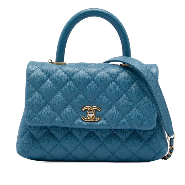 Blue Chanel Mini Caviar Coco Top Handle Bag Satchel in Blue Caviar leather from Designer Revival