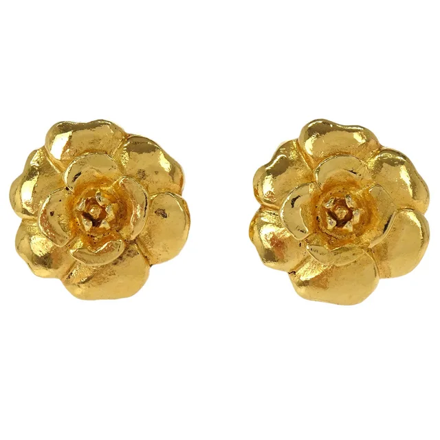 Chanel Gold Camellia Clip-On Earrings in Gold from AMORE Vintage Tokyo