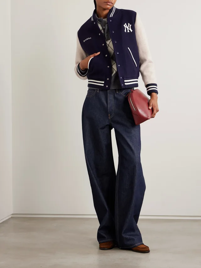 SPORTY & RICH + '47 and New York Yankees leather-trimmed embroidered wool-felt bomber jacket in Blue, photo 2 of 2 from NET-A-PORTER (Canada)