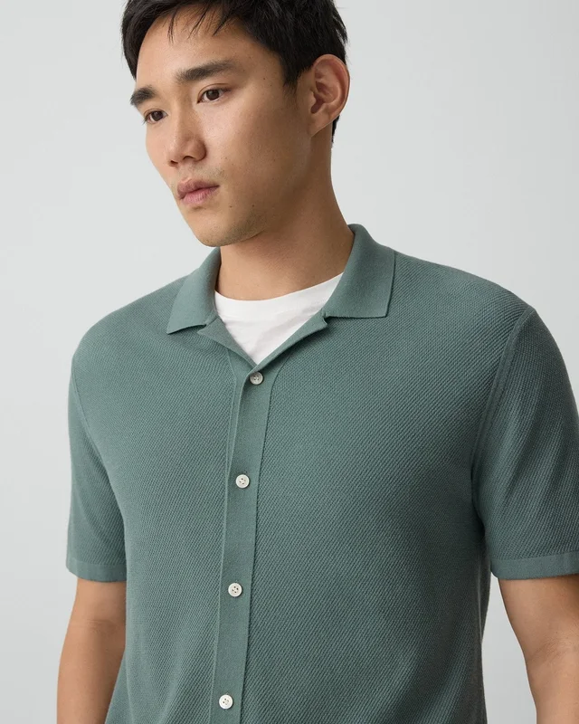 Theory Short-Sleeve Button-Up Shirt in Light Bilen in LIGHT PINE GROVE 62% Viscose, 38% Polyester; Exclusive Of Elastic, photo 11 of 12 from Theory