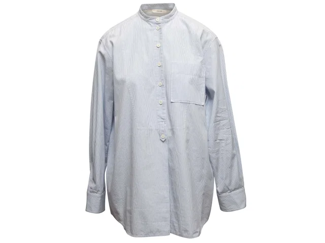 Light Blue & White Celine Striped Cotton Button-Up Top Size FR 40 in White from Designer Revival