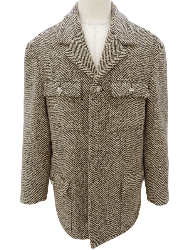 Versace Herringbone Pattern Medusa Button Coat #S Beige/Brown in Brown Wool from VINTAGE QOO TOKYO