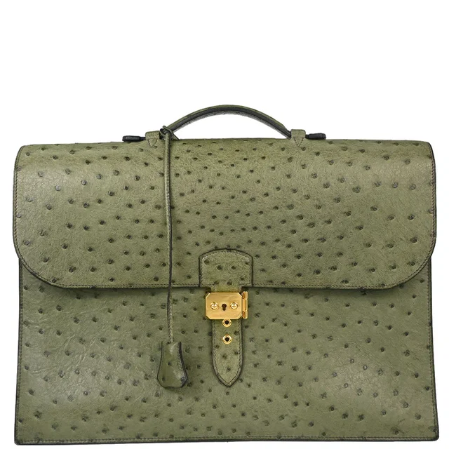 Hermès Vert Olive Ostrich Sac a Depeches 41 Business Handbag in Green Ostrich from AMORE Vintage Tokyo