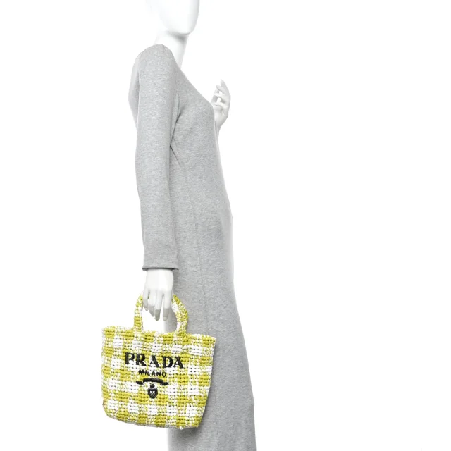 Prada Yarn Raffia Effect Crochet Embroidered Small Logo Tote Citron Yellow in Yellow Raffia from FASHIONPHILE, photo 2 of 9