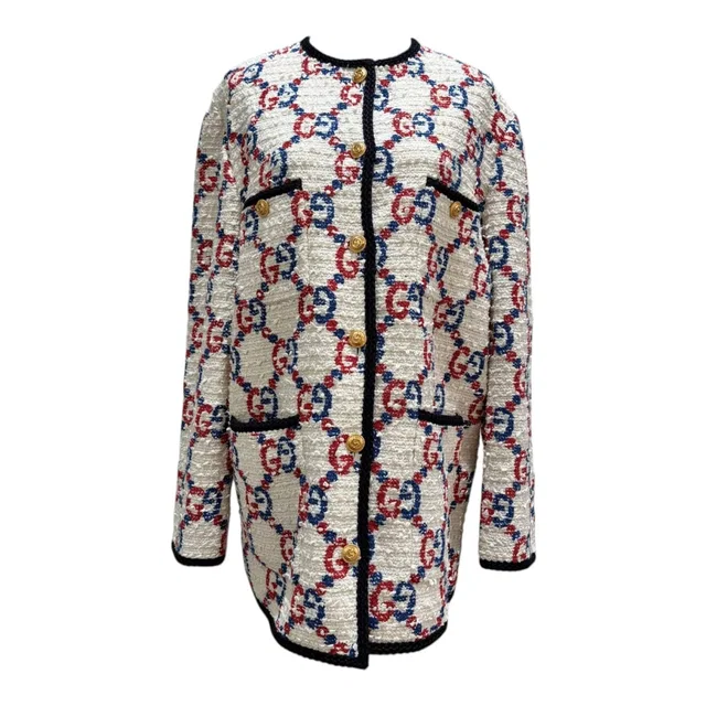 Gucci White Tweed Slyvie Long Jacket - Size 42 in White Tweed from Luxury Promise