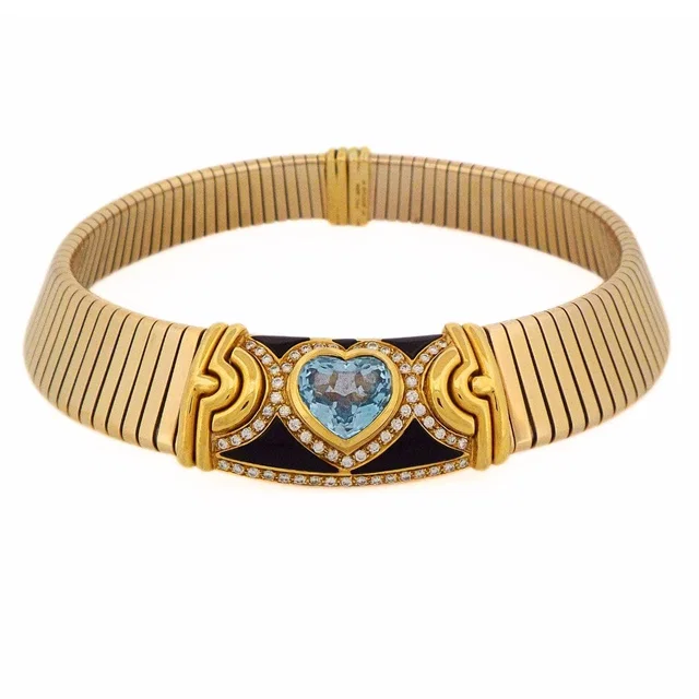 Bvlgari 18K Tubogas Parentesi Aquamarine Collar Necklace in Leather from Luxury Promise
